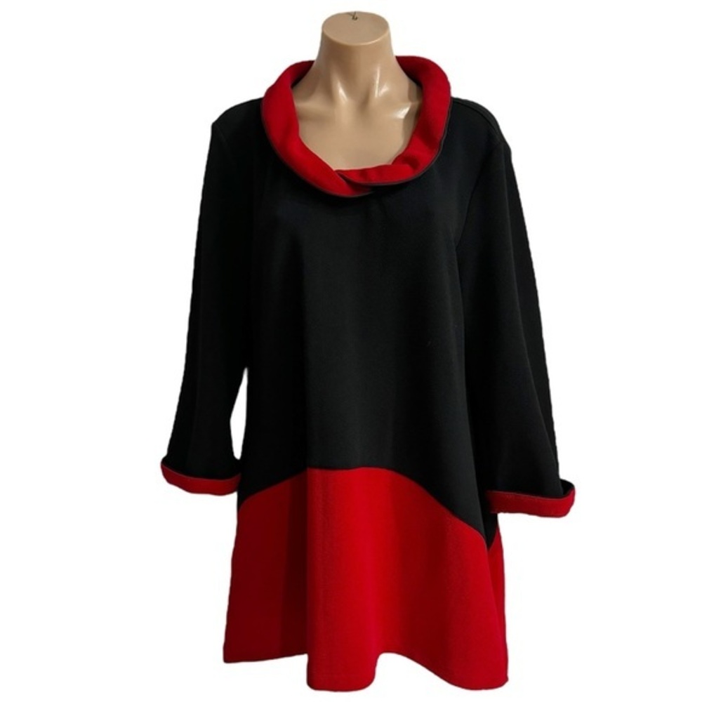 ALI MILES LAGENLOOK BLACK RED WIRED COLLAR 3/4 SLEEVES TUNIC TOP SZ L